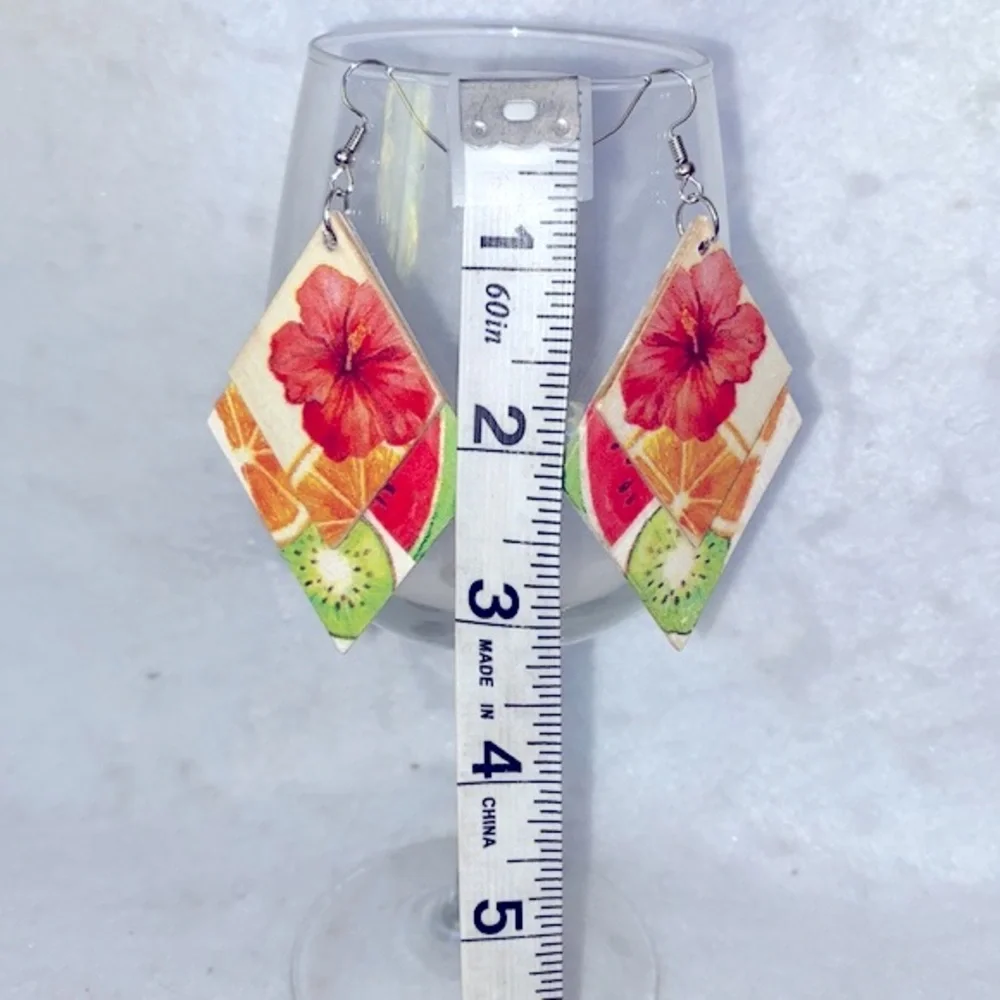Lightweight Tropical Wood Dangle Earrings Hibiscus Kiwi Watermelon 3” Tiered - Picture 6 of 8